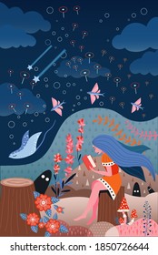 Girl reading book in fairy forest with fantasy creatures and plants. Young woman sitting on stump in dreams surrounded by fantasy world with flying fishes, falling stars and magical characters.