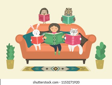 Girl reading book with fantasy clever animals on sofa. Fantasy world. Original vector illustration.