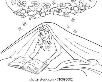 Girl Reading Book With Flashlight Under The Blanket On Bed vector