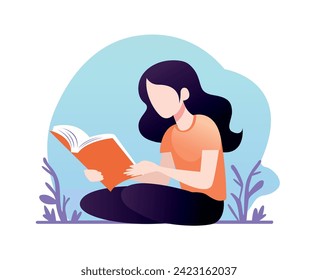 Girl reading book flat character illustration