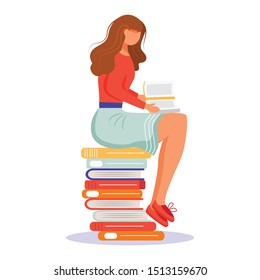 Girl reading book flat vector illustration. Student with paperback book. Exam preparation. Young woman sitting on stack of textbooks, studying one of it isolated cartoon character on white background