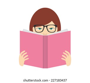 Girl reading a book. Flat vector. Isolated on white.