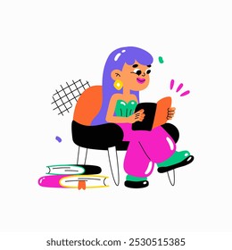 Girl reading a book in flat vector illustration symbolizing knowledge, learning, and relaxation, isolated on white background.
