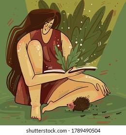 A girl reading a book in the forest. Dive into the world of fantasy and nature