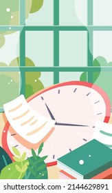 Girl reading a book in front of the window, world book day, vector illustration