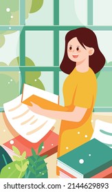 Girl reading a book in front of the window, world book day, vector illustration