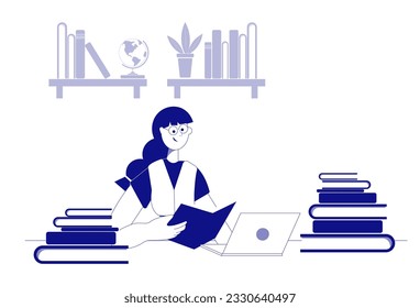 The girl is reading a book. Globe, plant and books. The girl is sitting near the books. Back to school. Vector flat illustration. Literature lovers, student, education concept. Schoolgirl