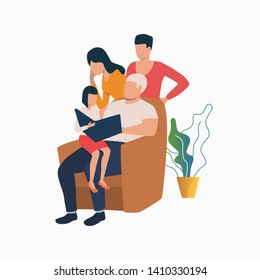 Girl reading book with grandpa. Man sitting in armchair with kid, couple standing behind them. Leisure concept. Vector illustration can be used for topics like hobby, family, parents