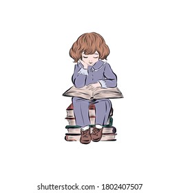 Girl reading book. hand drawn vector clip art. illustration for vintage postcard or poster