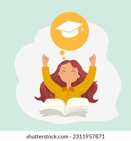 girl reading book happy and thinking with degree thought bubble