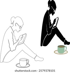 The girl is reading a book and has a cup of tea beside her. It is an illustration vector Silhouette design. Which will be used in all the education, social media, training, school college etc. 