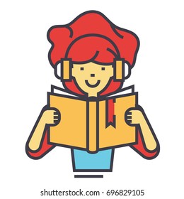 Girl reading book in headphones concept. Line vector icon. Editable stroke. Flat linear illustration isolated on white background