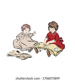 Girl reading book to her little sister. Little children in retro style dressed in pink and red dresses. Newborn. 