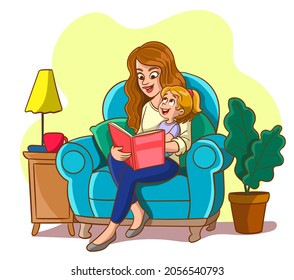 girl reading a book with her mother on the sofa .Cute vector illustration in flat style