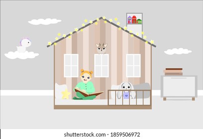 The girl is reading a book in her room. Interior of the children's room. Decor, children's toys, lamps, bed, bedside table, books, garland. Vector illustration