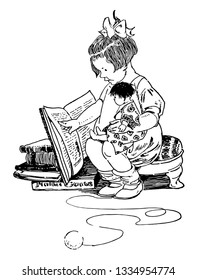 Girl Reading Book & Holding Doll, child, doll, female, kid, play, read, toys, vintage line drawing or engraving illustration.