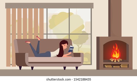 Girl reading book at home illustration. Young woman enjoying cozy atmosphere with burning fireplace, smart student with interesting novel cartoon character. Hygge lifestyle concept