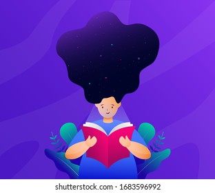 Girl reading a book with imagination in her curly hair. Universe dream. vector illustration 