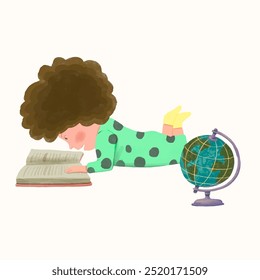 A girl reading a book. kid illustration. watercolor vector. child art.	