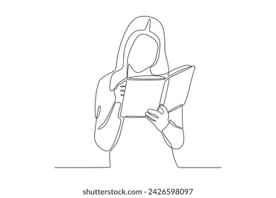 A girl is reading a book. Kids and books one-line drawing