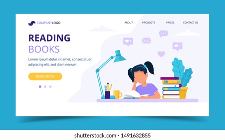 Girl reading a book landing page. Concept illustration for children education and studying. Vector illustration in flat style