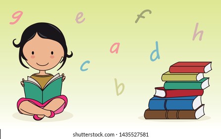 Girl reading a book. Letters background. Space for text