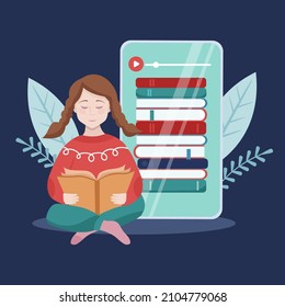 A girl is reading a book. Library of books on a smartphone. Listening to audiobooks through the app. Vector illustration in cartoon style.