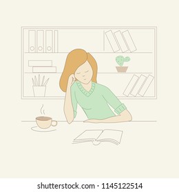 The girl reading  book in the library. Hand drawing doodle desing