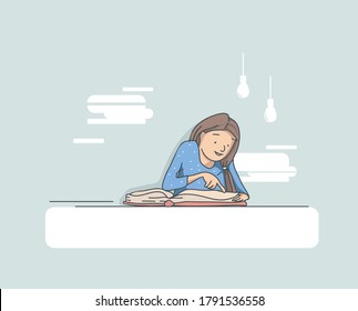 A girl reading a book is looking for answers, ideas. Vector doodle illustration