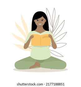Girl reading a book in the lotus position. Flat style. Vector illustration 