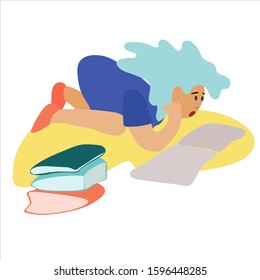 Girl reading a book, lying on the floor. Vector illustration. Flat style, isolated design element