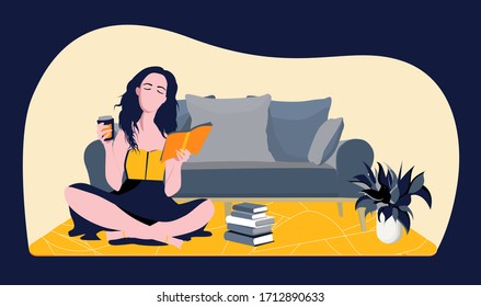 A girl is reading a book. Modern vector illustration. The concept of quarantine and self-isolation. Horizontal format