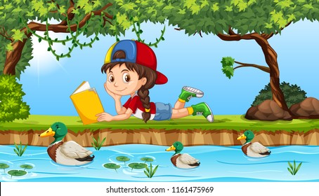 A girl reading a book next to river illustration