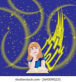 Garota lendo livro. Céu noturno com castelo e luz mágica. Dia Internacional dos Amantes do Livro. Faixa. Ilustração isolada de vetor.