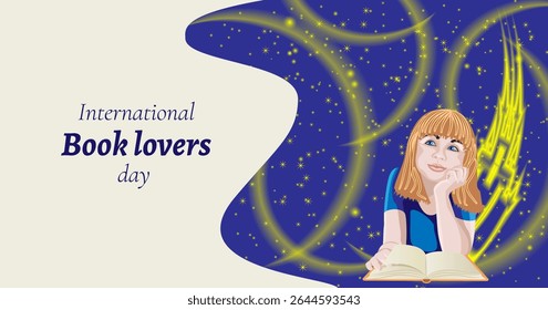 Girl reading book. Night sky with castle and magic light. International Book Lovers Day. Horizontal template. Isolated vector illustration.