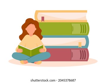 Girl reading book on background on Stack of books. Concept of bookcrossing, learning, education, knowledge, hobby. Vector illustration in flat style.