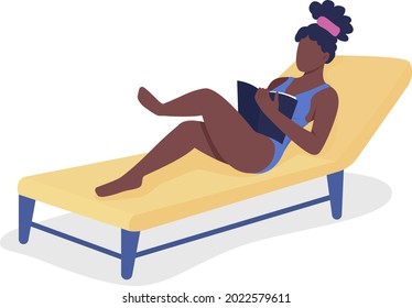 Girl reading book on beach semi flat color vector character. Lying figure. Full body person on white. Sunbathing isolated modern cartoon style illustration for graphic design and animation