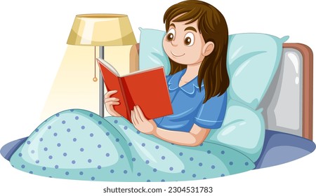 Girl Reading Book on Bed illustration