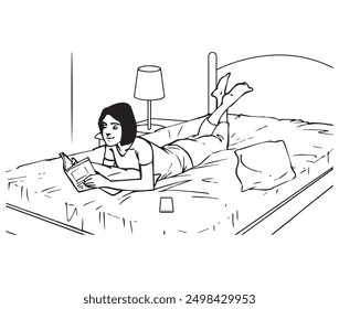 A girl reading a book on the bed. Illustration in black and white and vector format.