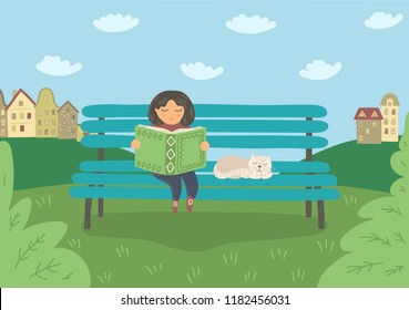 Girl reading book on the bench outdoors. Education, reading vector illustration.