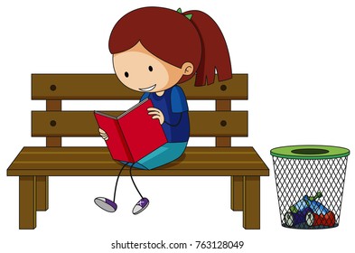 Girl reading book on the bench illustration