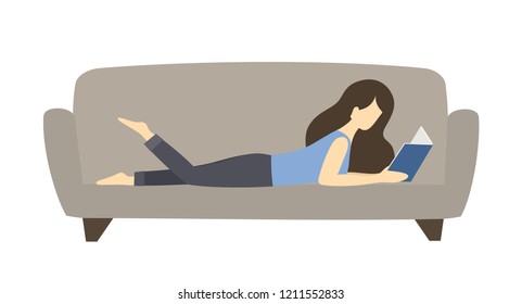 Girl reading a book on the couch. Young woman lying on sofa. Vector illustration.