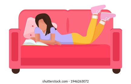 The girl is reading a book on the couch. Vacation or homeschooling concept. Isolation, quarantine. Cartoon style. Vector. Close-up.