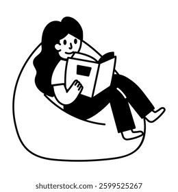 Girl reading a book on couch, hand drawn illustration 
