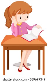 Girl reading book on the desk illustration