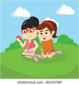Girl reading book on field