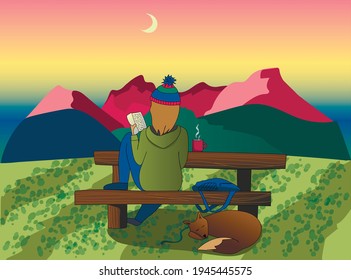 Girl reading a book on a hike in the mountains with her dog pet during sunset, sunset mountain hike rest vector drawing illustration