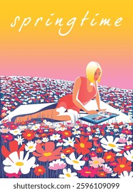 Girl reading a book on a picnic blanket in a flowering meadow. Springtime's poster or banner. Handmade drawing pop art style vector illustration.