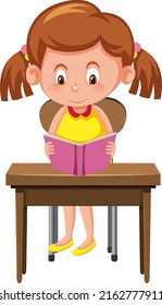 Girl reading book on school desk illustration