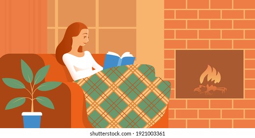 A girl is reading a book on the sofa at home. Modern home room interior with a fireplace. Vector flat illustration